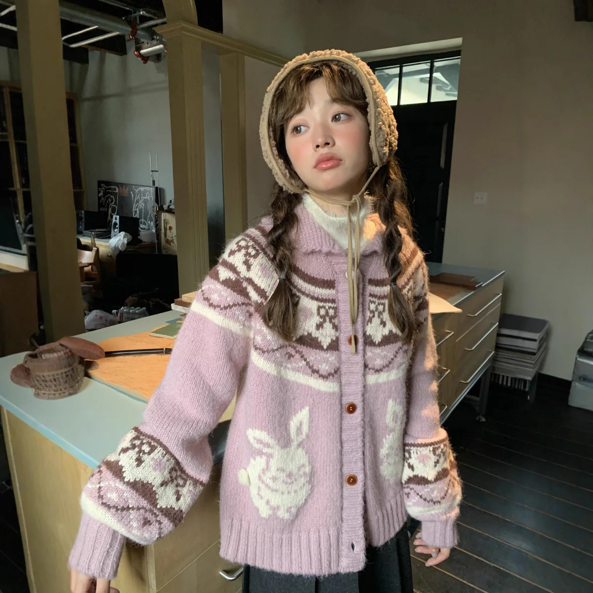 

2025 Autumn and Winter New Sweet Girl Rabbit Pink Sweater Women's Winter Thick Retro Cardigan Jacket