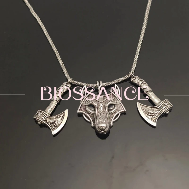 BIOSSANCE New Fashion And Exquisite Retro Nordic Viking Celtic Wolf Head Double Ax Pendant Necklace For Men And Women Jewelry