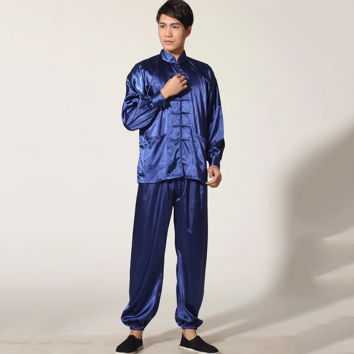 Gold Chinese Men\'s Satin Rayon Kung Fu Suit Vintage Tai Chi Sets Wu Shu Uniform Long Sleeve Clothing S M L XL XXL MS019