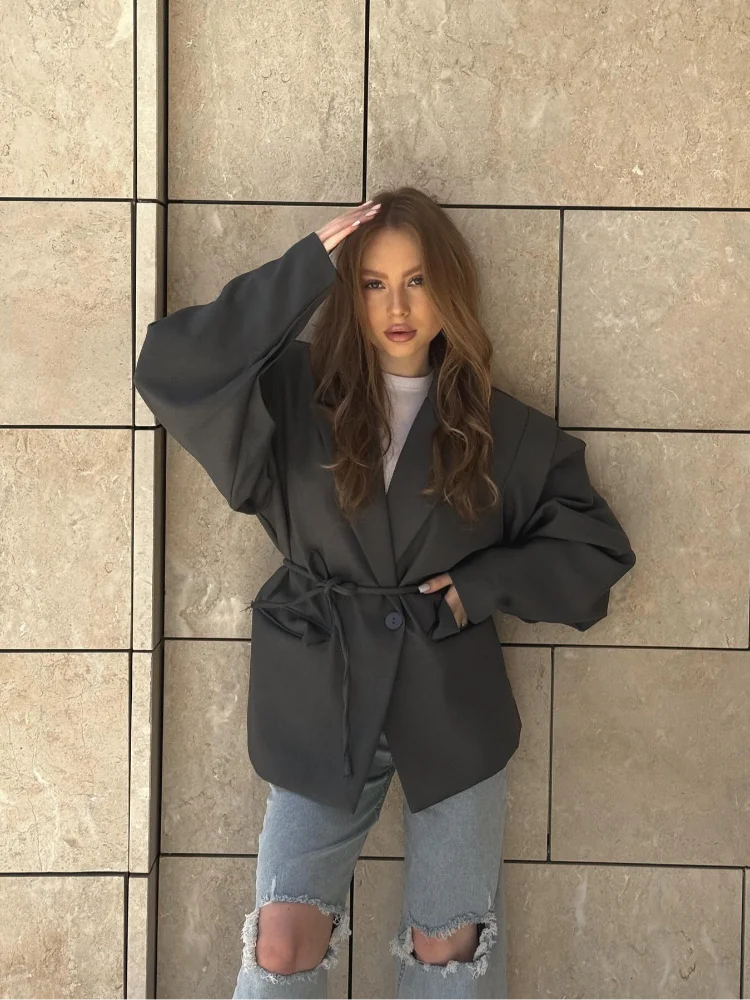 

Modern Lace Up Wide Shoulder Office Outerwear Elegant Structured Full Sleeves Casual Loose Jacket New High Street Commute Blazer