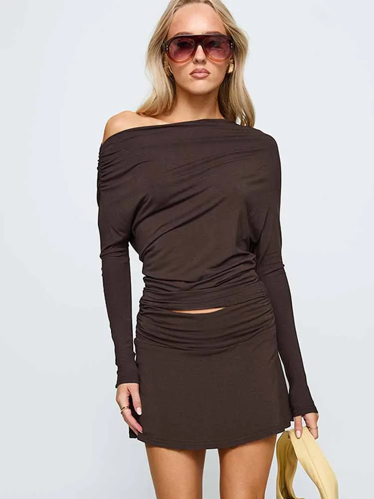 

BKQU Simple Two Piece Set Women Diagonal Collar Long Sleeve T-shirt And Mini Skirts Outfits Female Solid Basic Streetwear 2025