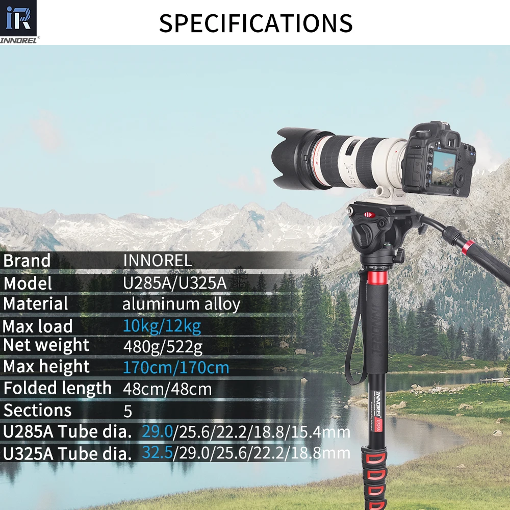 Monopé de câmera INNOREL U285A/U325A, liga de alumínio, 5 seções com trava rápida para filmadora de vídeo DSLR, suporte de fotografia DV
