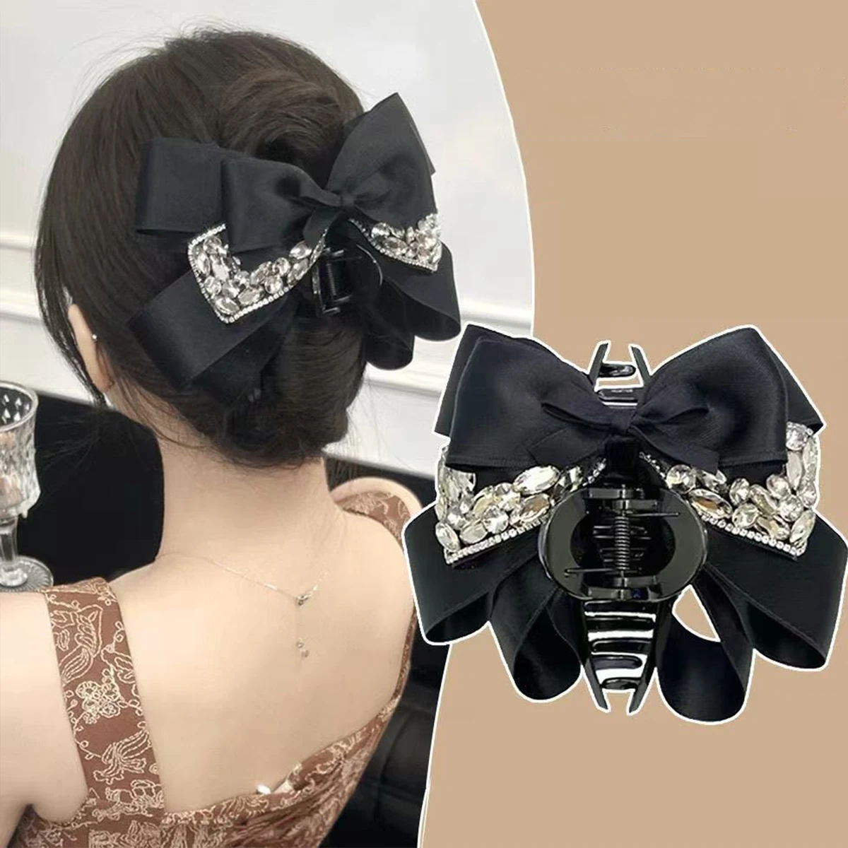 1 Stück Hochwertige Schwarze Satin-Schleifen-Haarspange mit Glitzer-Diamanten, Modisches Haar-Accessoire für Hochfrisuren und den Hinterkopf. – Detail 1