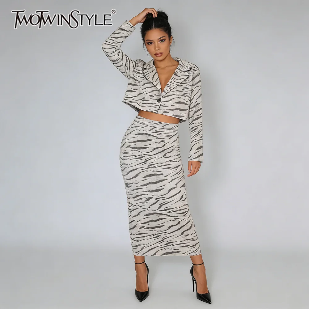 

TWOTWINSTYLE Zebra Print Two Piece Set for Women Lapel Single Button Accent Cropped Blazer Midi Skirt Outfit for Fashion Shows