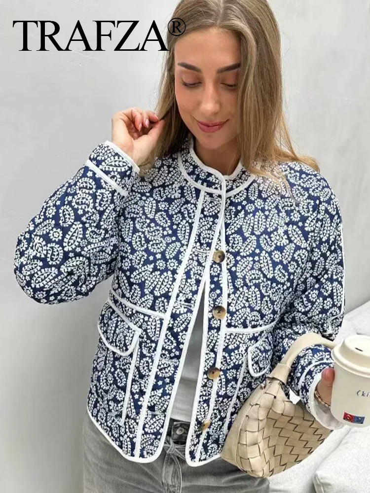 TRAFZA-cárdigan estampado de manga larga para mujer, abrigo cálido con botones, con textura y cuello redondo, para invierno