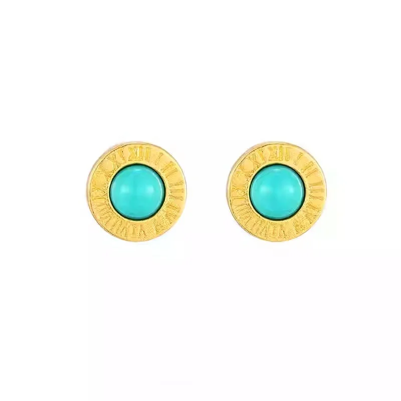 925 Sterling Silver Gold-Plated Roman Numeral Turquoise Earrings for Couples Light Luxury High-end Jewelry Accessories Trendy