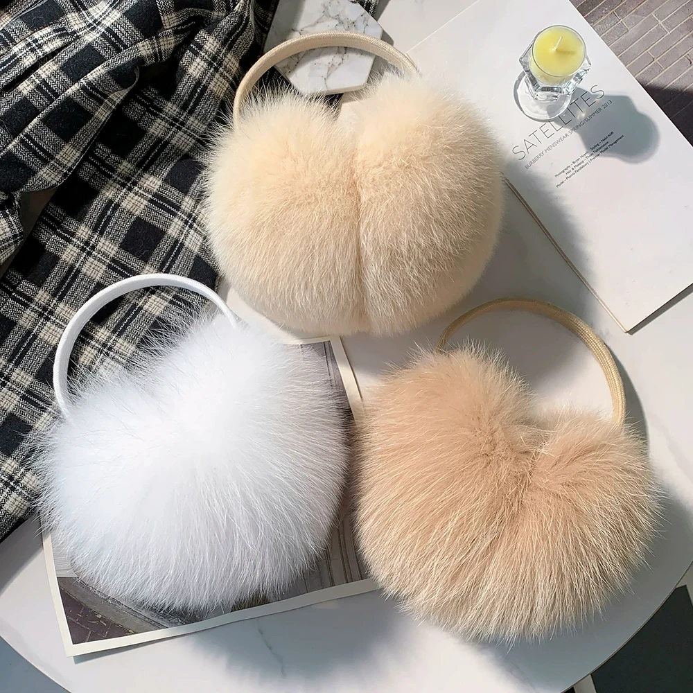 2027 New Winter Natural Real Fox Fur Earmuffs Plush Warm Decorate Women Cute Solid Ear Warmer Headphones Neck Warm Bib Scarf