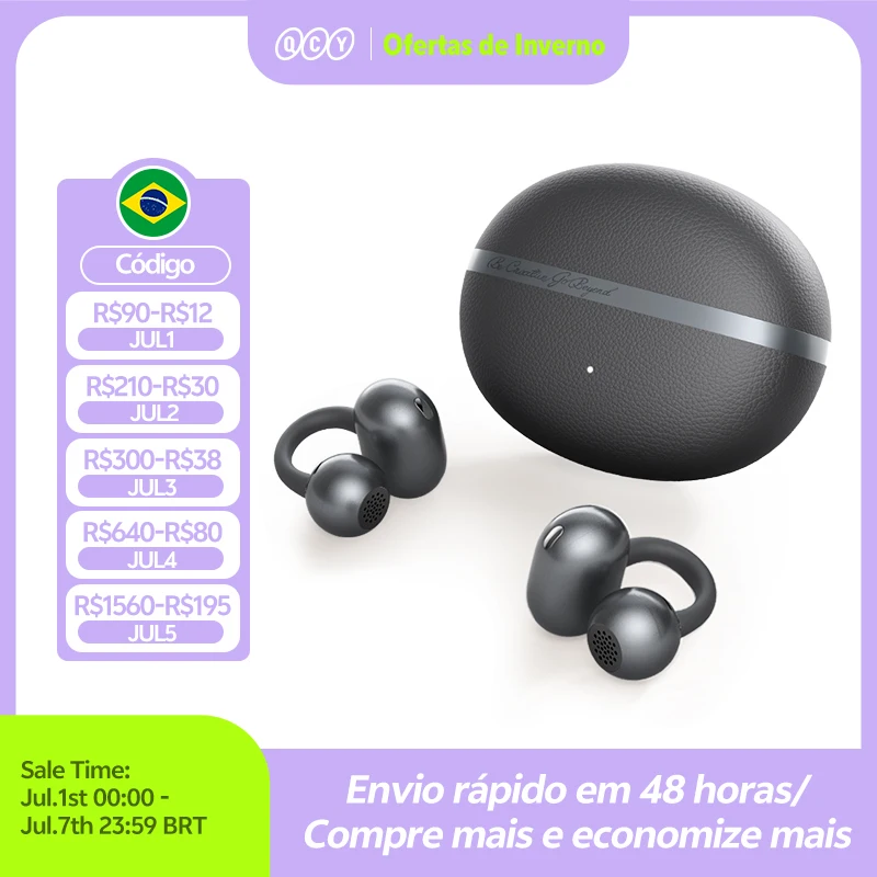 QCY Crossky C50 CT06 Fones de ouvido sem fio abertos Bluetooth 6.0 Ultra-confortáveis ​​com clipe para chamadas IA, reforço de graves, controle de volume adaptável, 35 horas de reprodução, esportes, corrida