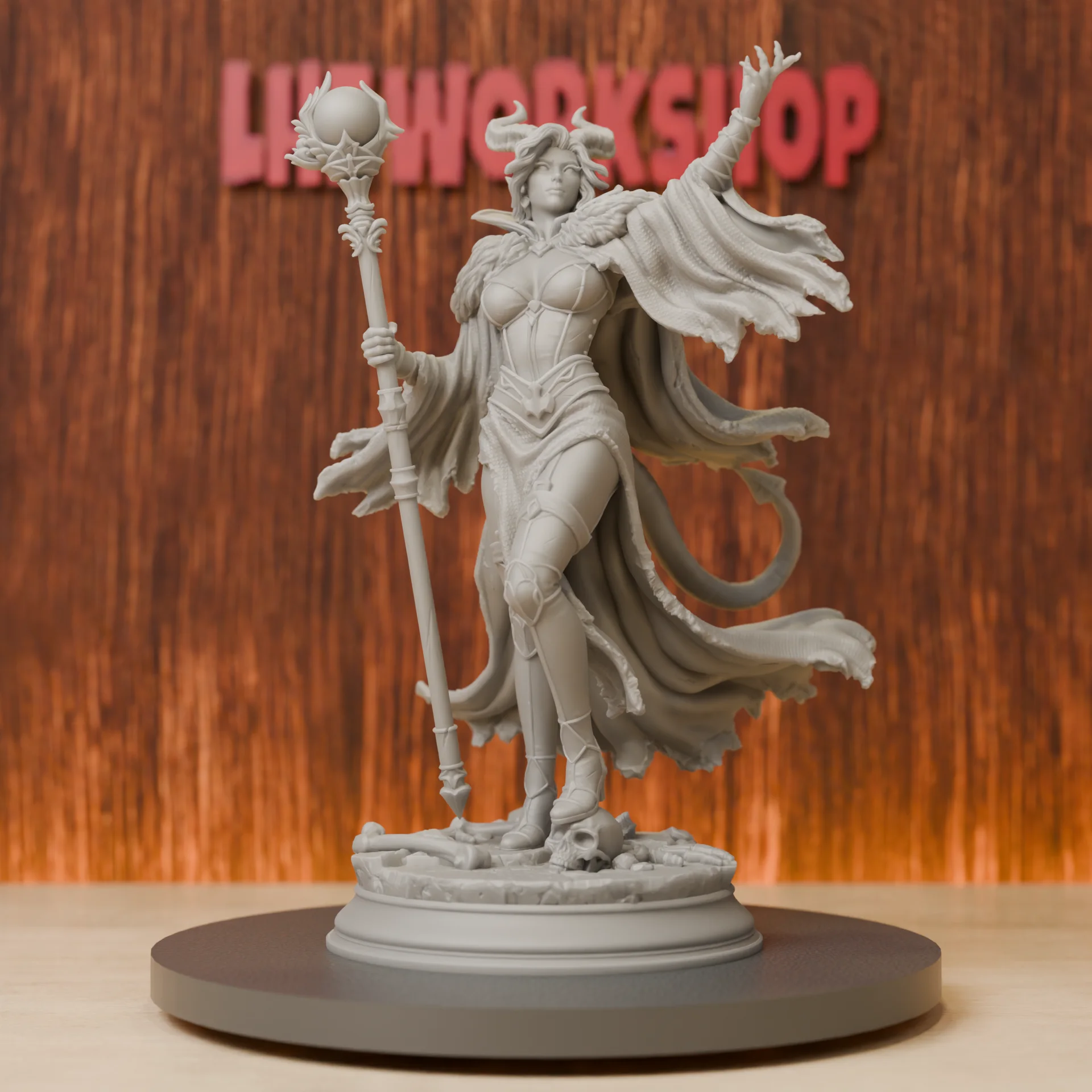 Tiefling Sorceress Miniatures | 28mm-75mm | Resin 3D Printed DND Pathfinder Mini | Unpainted Grey