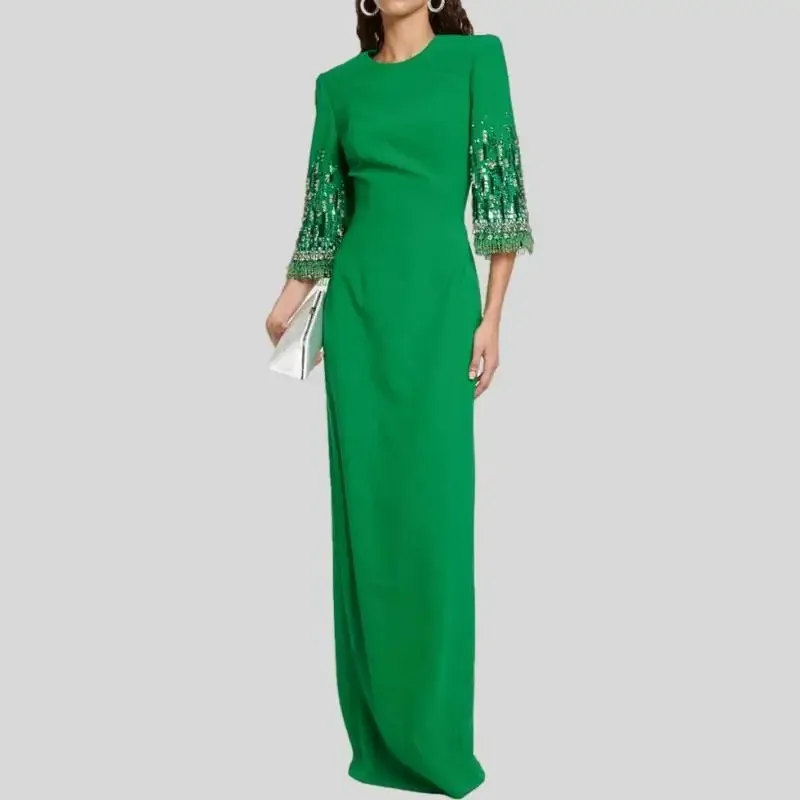 Bohemian bridal dress high-end glitter green black temperament round neck mid sleeve long presiding dressSY-017