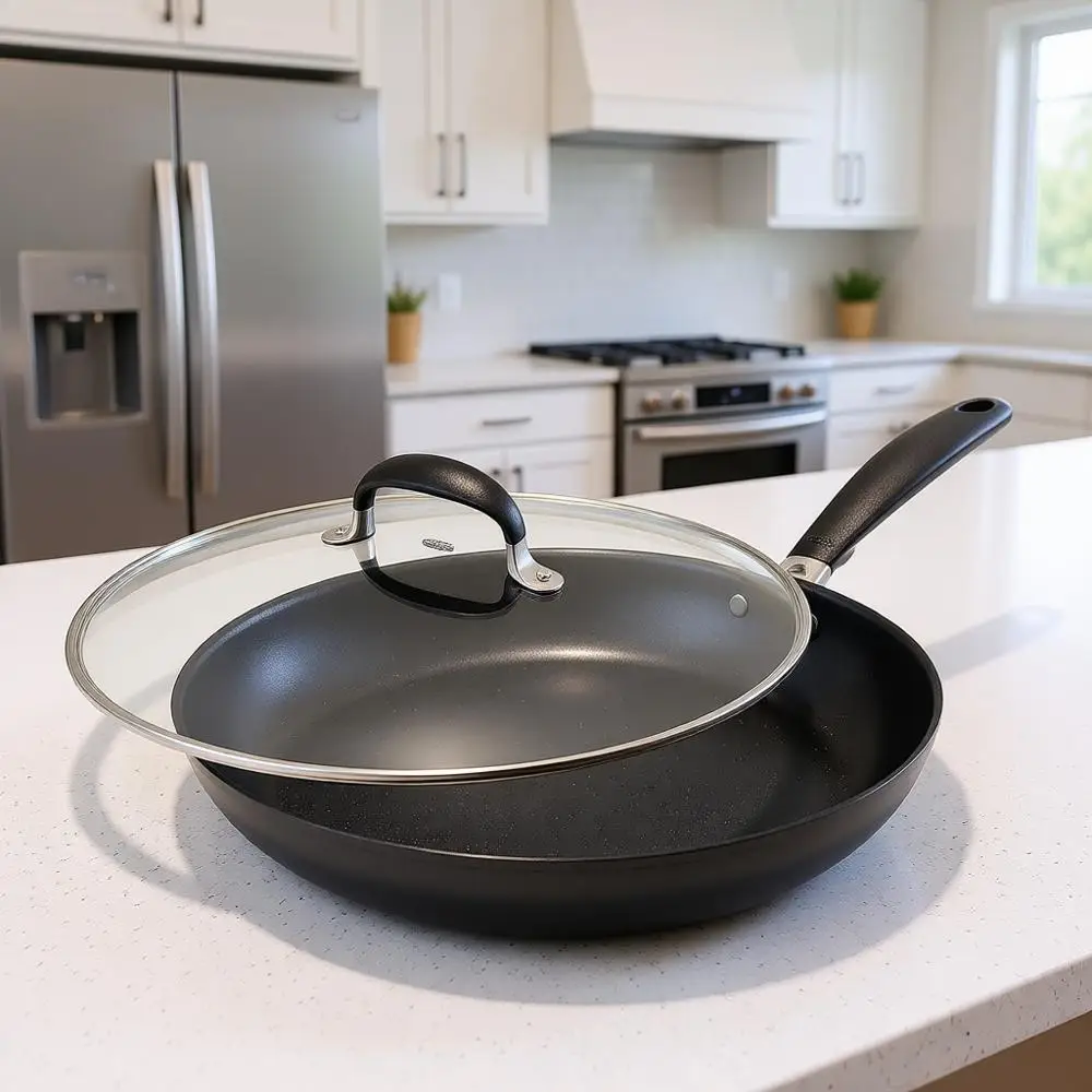 

12-дюймовая сковорода с антипригарным покрытием и твердым анодированием, с крышкой — черная