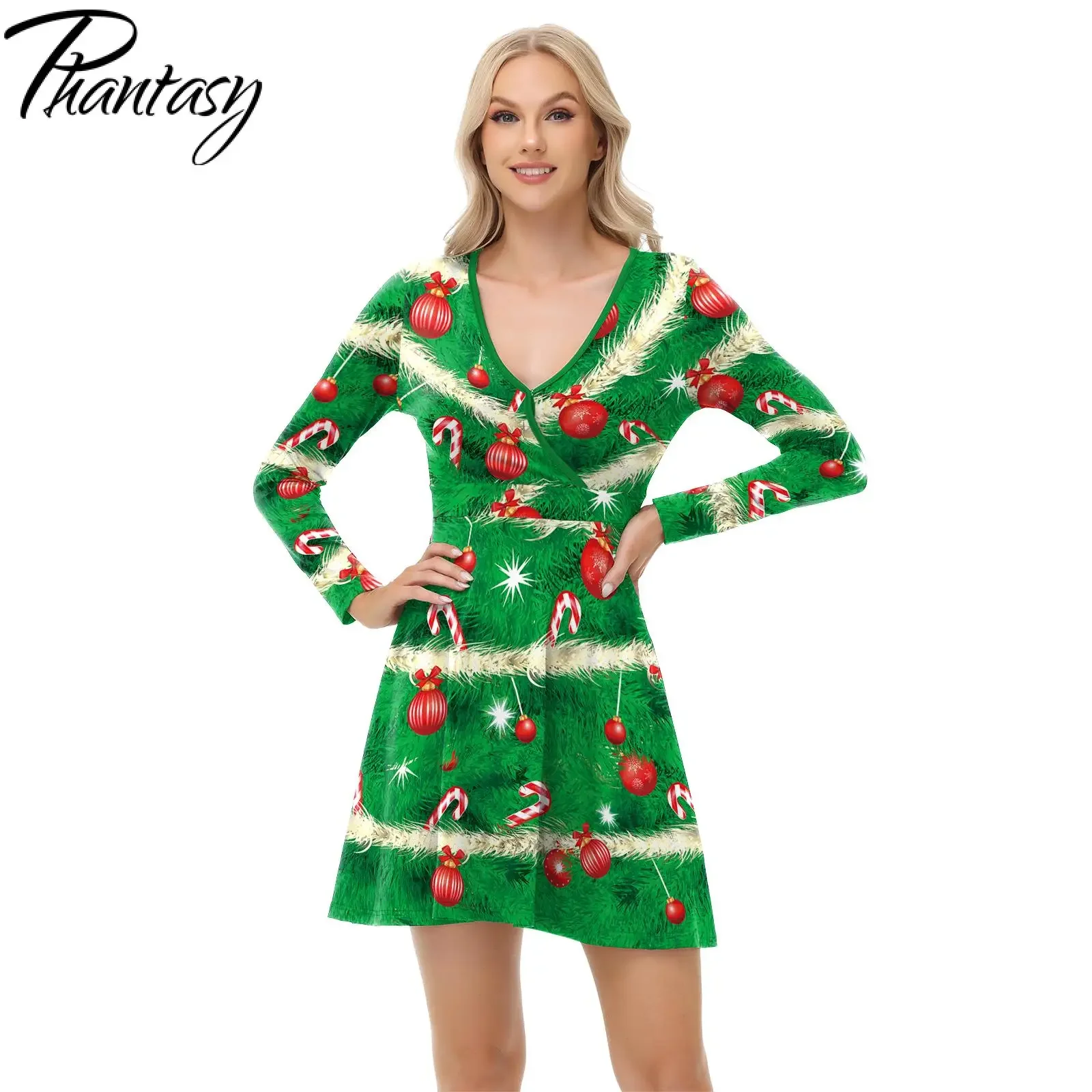 Phantasy Women Christmas Dress Long Sleeved Green Christmas Tree Pattern Dress Xmas Party Dress Homewear Carnival Female Robe