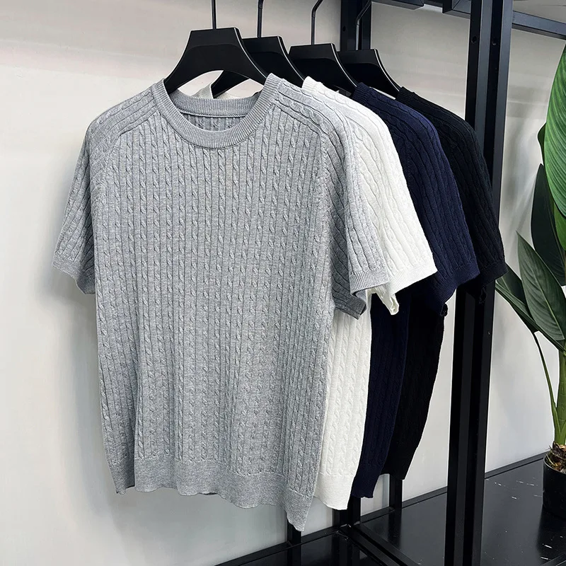 Summer New Round Neck Short-sleeved T-shirt Twisted Knitted Sweater Fashionable Men's Loose