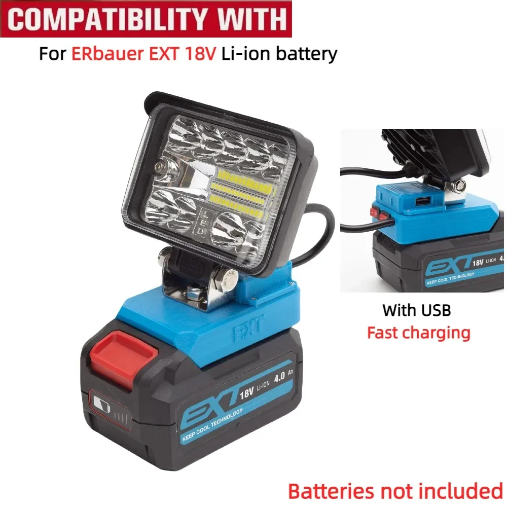 Cordless LED Work Light for ERbauer EXT 18V Battery Powered Portable Camping Light with USB Fast Charging (excluding Battery)