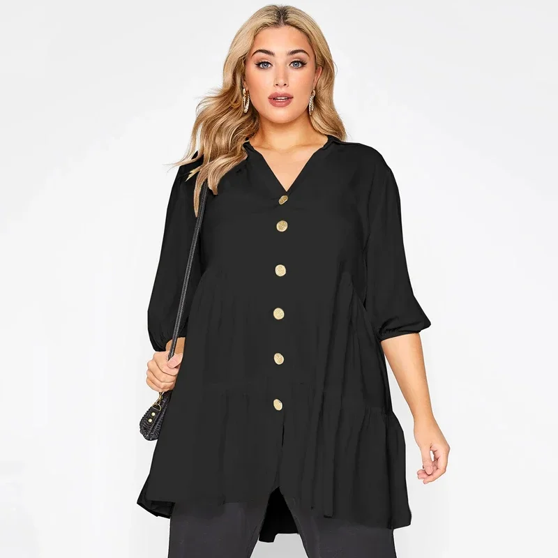 Plus Size Button Down Elegant Spring Autumn Tunic Tops Women 3/4 Sleeve V-neck Smock Blouse Tops Black Loose Tiered T Shirt 6XL