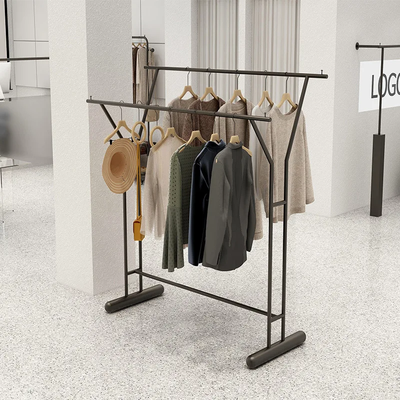 

Clothing store double row Nakajima display rack women's clothing store stainless steel black floor-to-ceiling hanger shelf