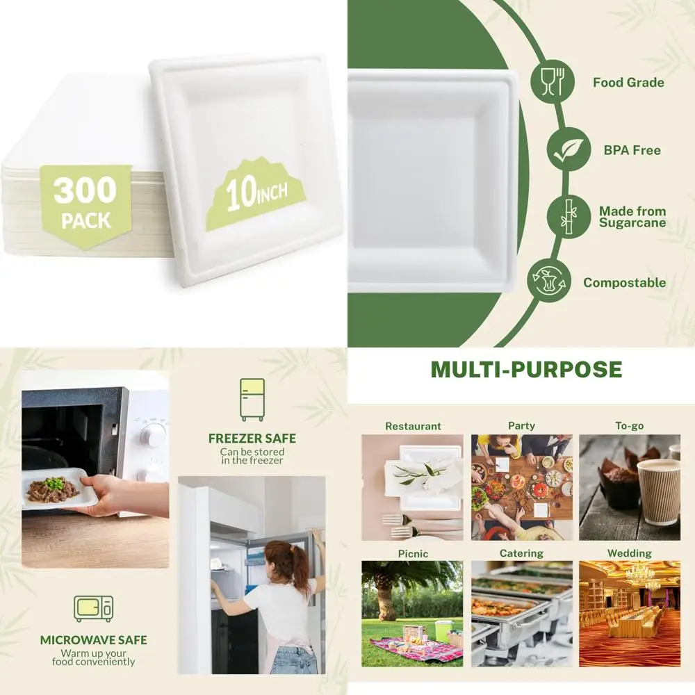 

Eco-Friendly Disposable Sugarcane Bagasse Plates - 10x10 Square, Biodegradable, 300-Pack for Sustainable Dining
