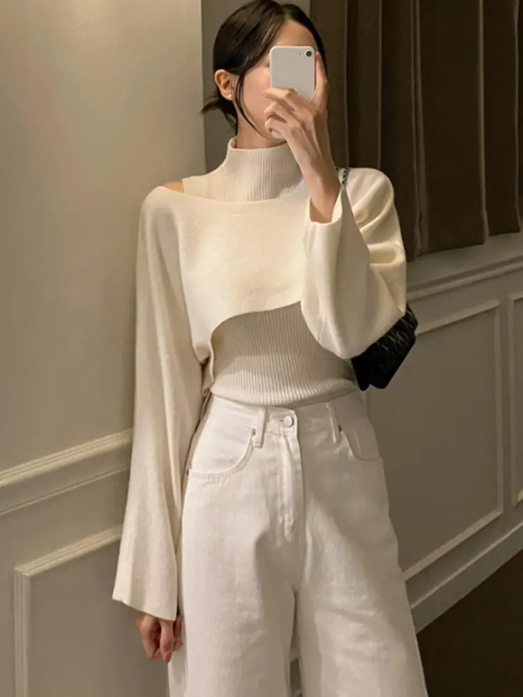 

New Solid Color Women Long Sleeve High Collar Sweater Winter Korean Fashion Interior Sleeveless Tank Top Stacked Two Piece Set