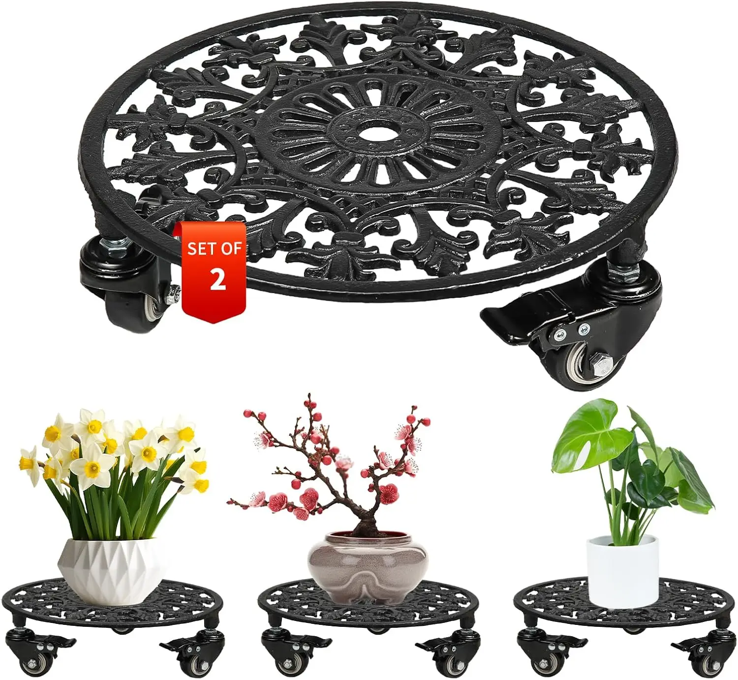 

2 Pack Heavy Duty Metal Plant Stand with Wheels, 11' Black Wrought Iron Plant Dolly for Large Potted Plants & Flowers