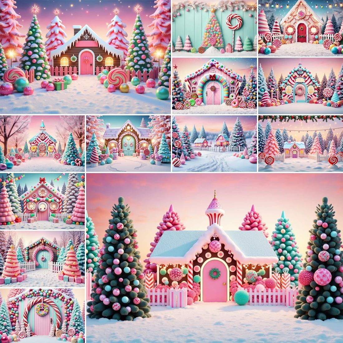 

MOON.QG Background Giant Candy Presents Blue Pink Houses Backdrops For Photography Children Candy Christmas Photoshoot Poster