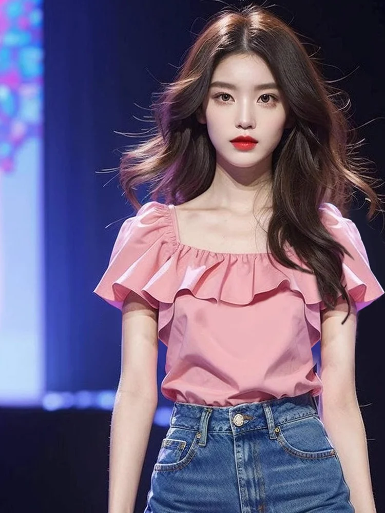 

Pink ort Sve irt Women's Unique Square Collar Lace Trim Blouse Korean Sle Loose Fit Single Piece Summer Faion