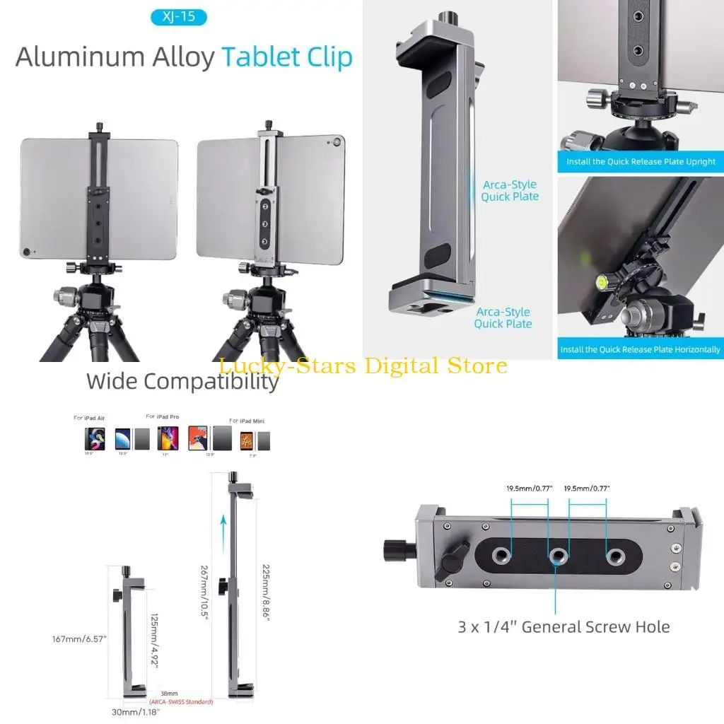 

T3EE XJ-15 Metal Tablet Clamp Phone Holder Stand Tripod Clip with Cold Shoe Mounting Port 130-230mm/5.1-9.0in Clamp Ranges