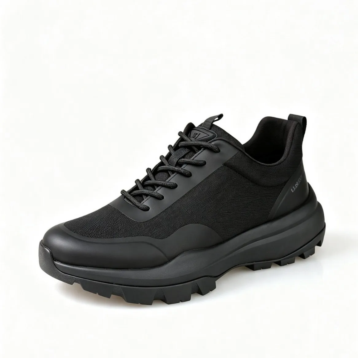 All Black Leather Mesh Combination Outdoor Sneakers Thick Lug Sole Shock Absorbing Lace Up Wearproof Anti Slip Trekking Shoes