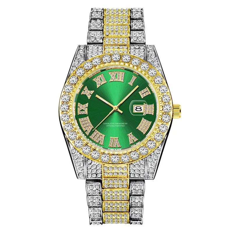 1 قطعة/الوحدة حقيقية الفاخرة العلامة التجارية الرجال الساعات الفضة الذكور الهيب هوب الماس الذهبي سبيكة الفرقة تاريخ الكوارتز ساعات المعصم Reloj Hombre