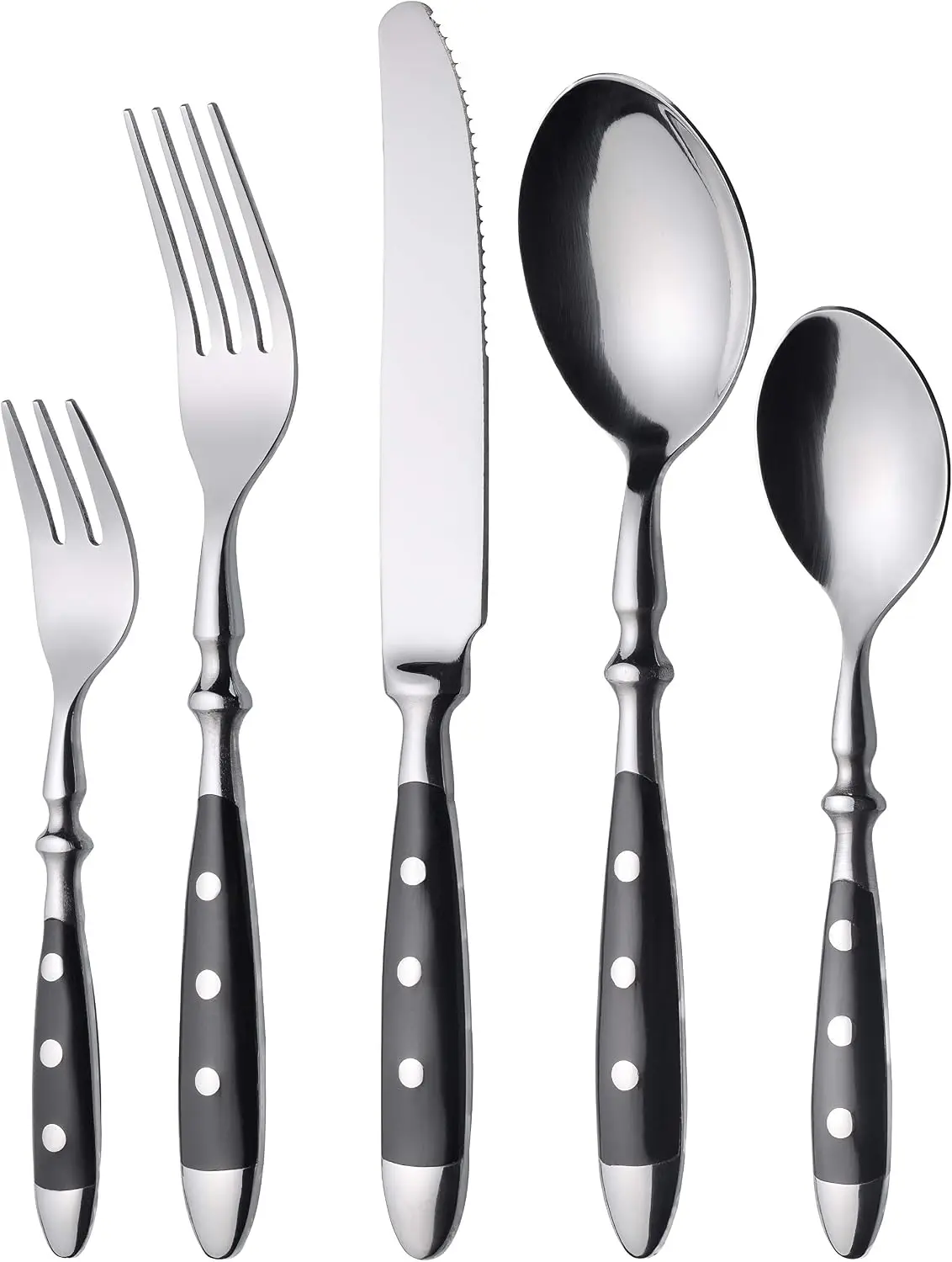 cutlery set for 6 persons made of stainless steel, Heavy, Rustic, Table cutlery set 30 pieces, Forged cutlery with black handles