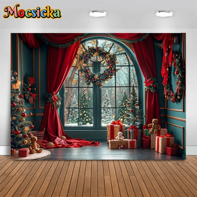 Christmas Room Window Photography Background Xmas Tree Gift Decor Red Curtains Green Wall Backdrop Family Winter Photo Studio