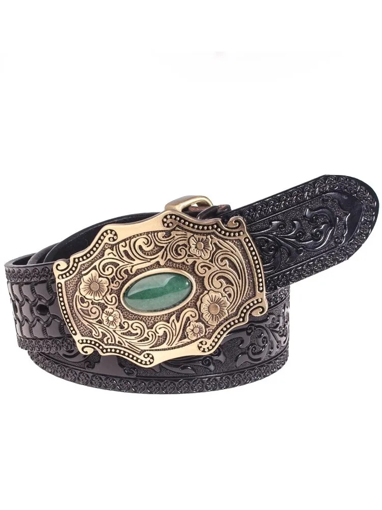 Mens Vintage Jade Copper Buckle Strap For Pants Punk Style Waistband Floral Carving Cow Split Leather Belt