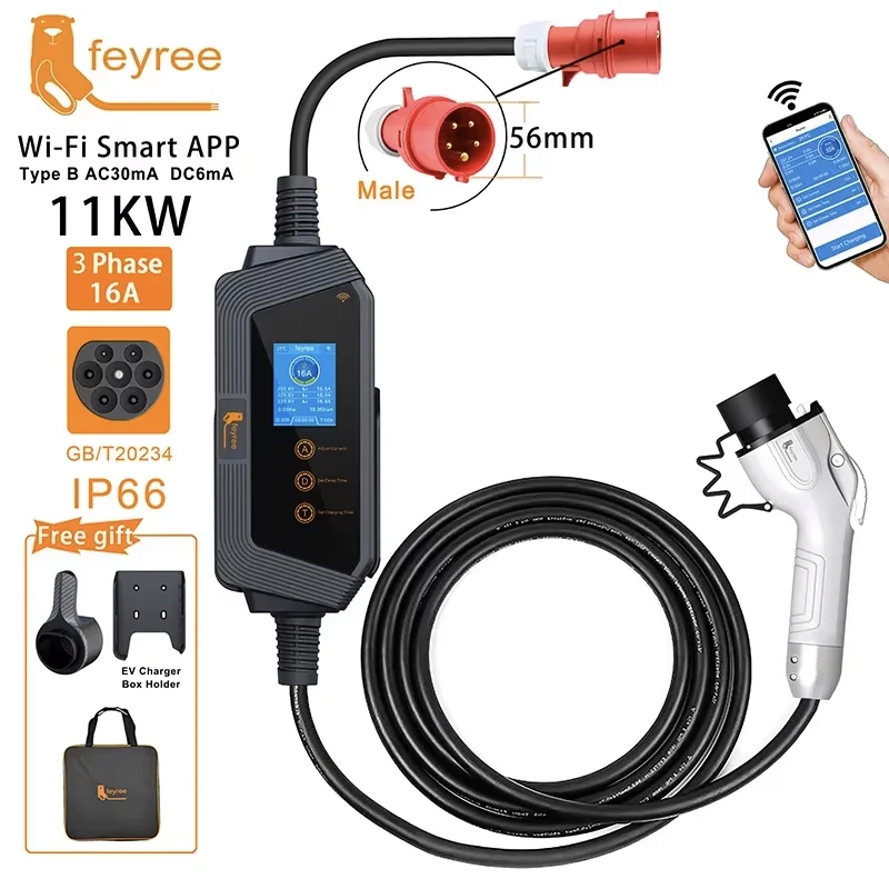 feyree GBT Cord EV Portable Charger 11KW 16A 3Phase APP WIFI Control EVSE Charging Box 5m Cable CEE Plugfor Electric Vehicle Car