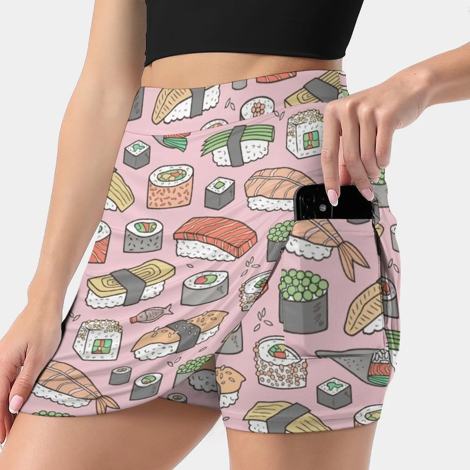 Sushi On Pink Skirts Woman Fashion 2022 Pant Skirt Mini Skirts Office Short Skirt Sushi Sashimi Food Dinner Fish Fast Food