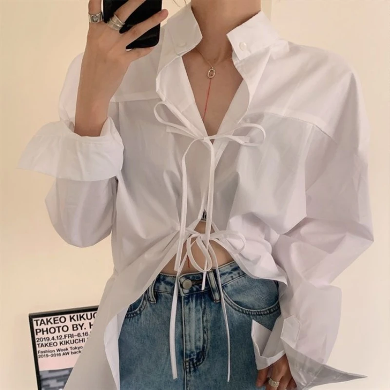 Backless Hollow Out Loose Lacing Shirt Tops Spring New Long Sleeve Solid Color Polo Neck Trend Blouse Y2K Sexy Women Clothing