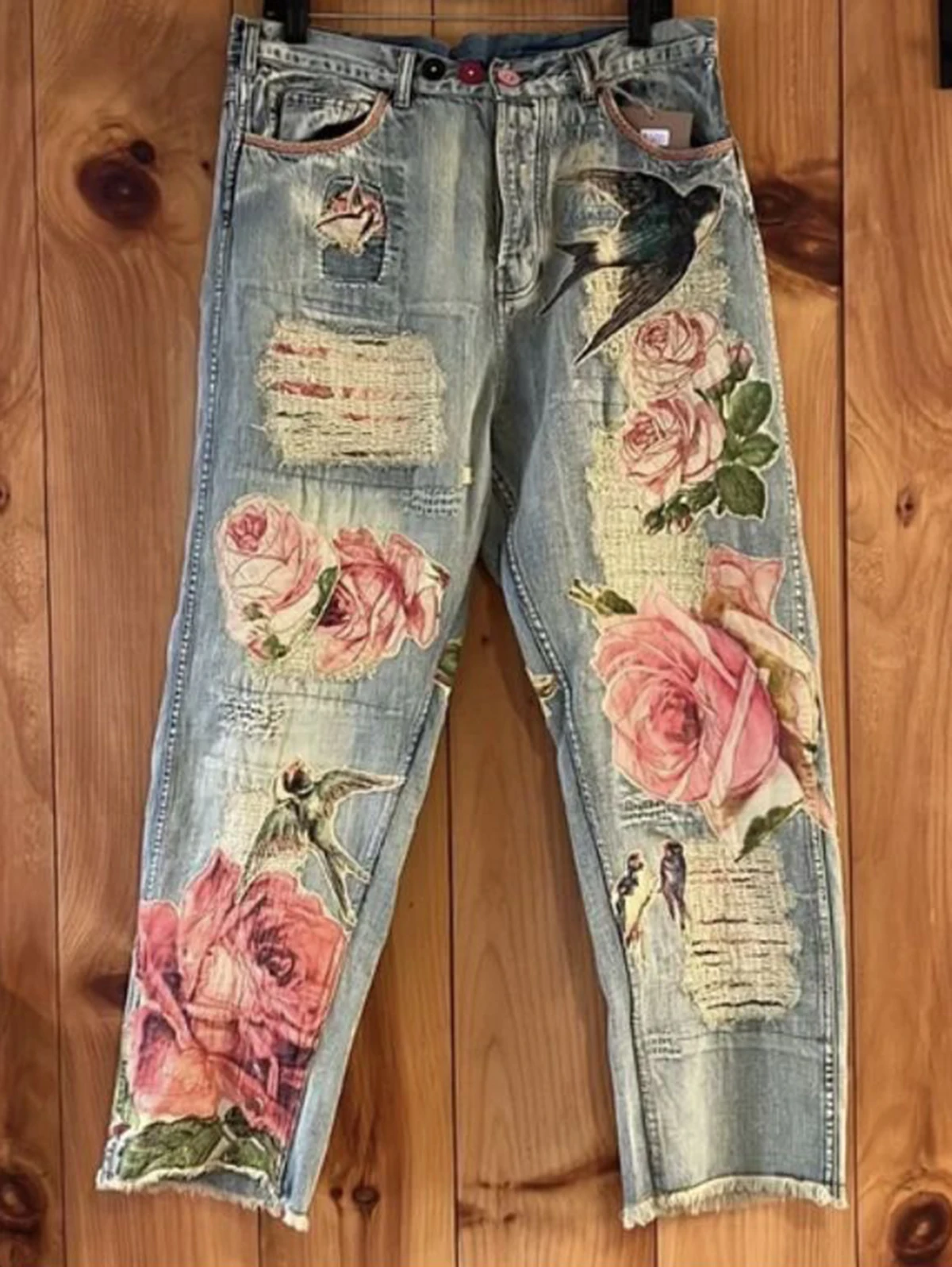 

Vintage Floral Print High Waist High Street Blue Straight Jeans Pants Korean Fashion Women's Wide Leg Baggy Y2K Denim Trouser