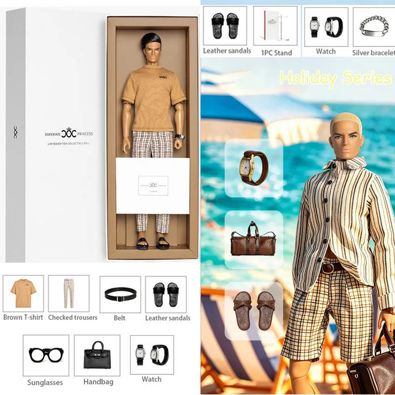 1/6 Premium Holiday Series Supermodel Male Doll Dark Tan Skin 12Joint Gold Short Hair 33cm Male Model Luxury Simple Clothes Set