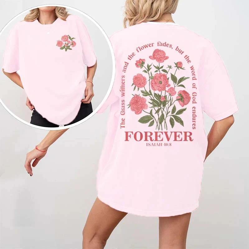 Roze Mooie Bloemen Forever Gedrukte Korte Mouw Vrouwen Katoenen Hip Hop T-shirts Zomer Comfortabele T-shirt Losse Sportkleding