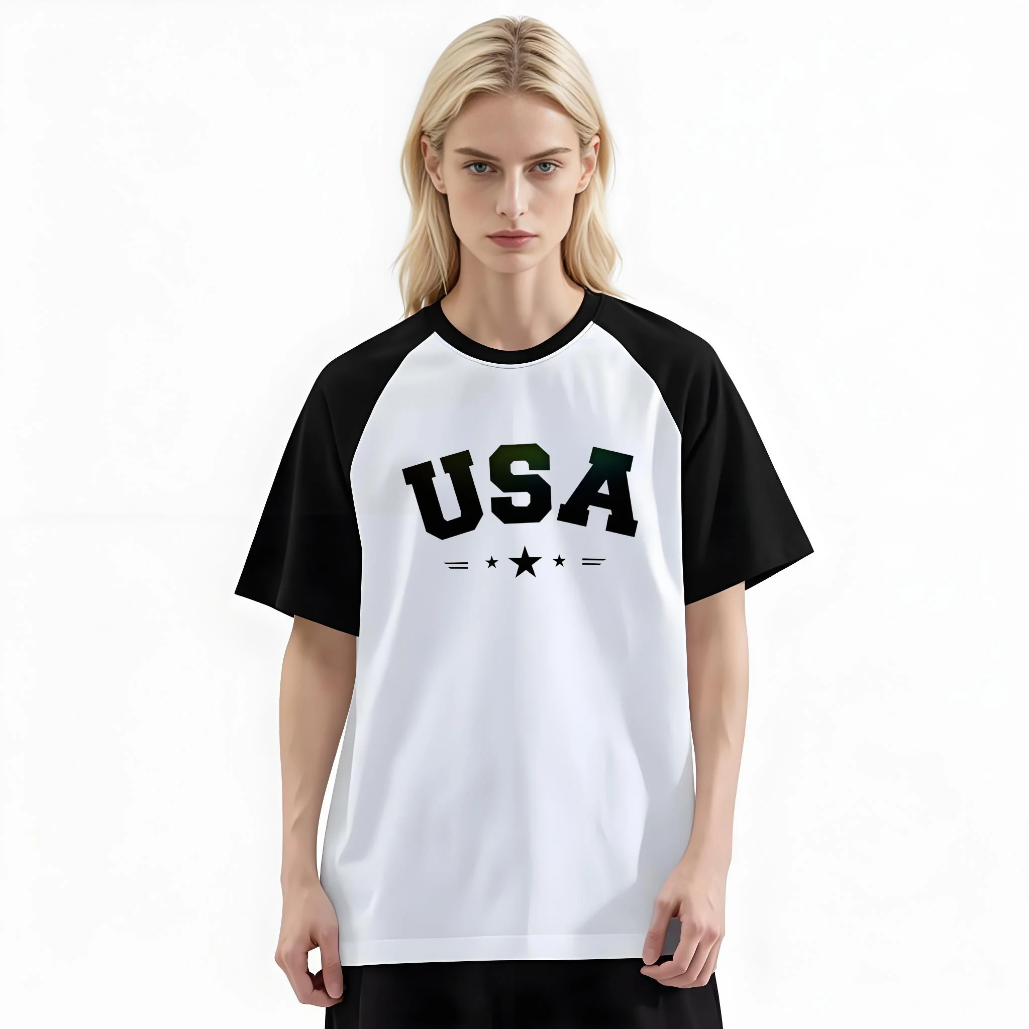 Women'S Fashion Raglan Sleeve T-Shirt, USA Star Varsity Printed, Summer Casual Comfortable Tee, Women'S Everyday Short-Sleeve Top