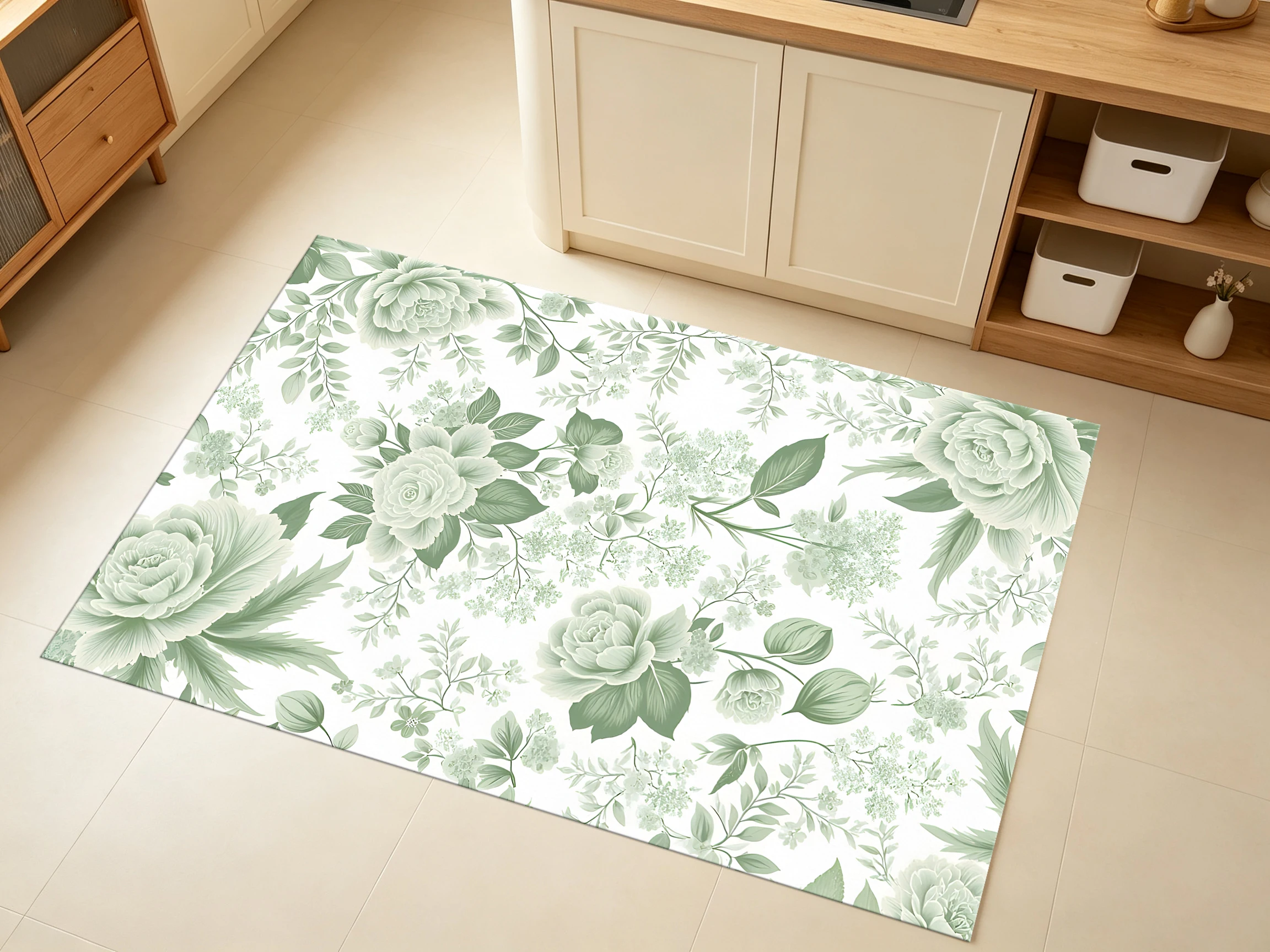 2D Large Rug in Light Green & White French Floral Pattern, Soft & Skin-Friendly, for Both Living Room & Bedroom