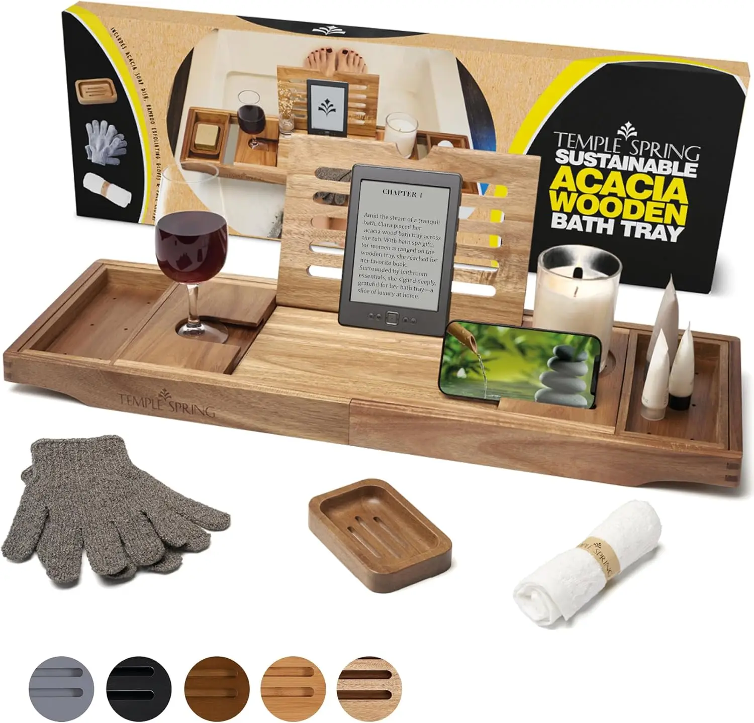 

Acacia Wood Bathtub Tray with Extendable Design, Non-Slip Pads, and Bamboo Accessories for Home Spa Relaxation