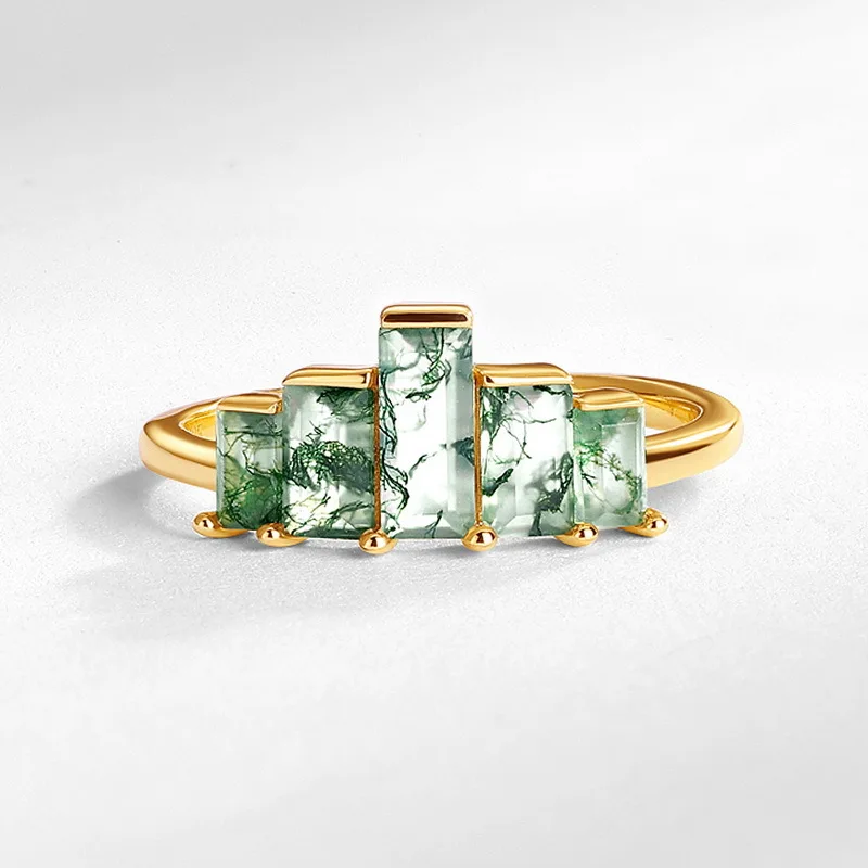 Natural Agate Ring 18K Gold Inlaid with Colored Baby Stones PT950 Platinum Green Moss Stone Combination Ring