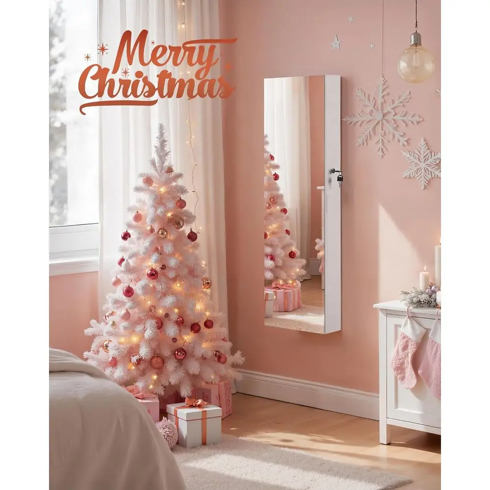 Wall-Mounted Jewelry Armoire with Lock, 2 Storage Trays, Mirror, White - Perfect Christmas Gift UJJC001W01