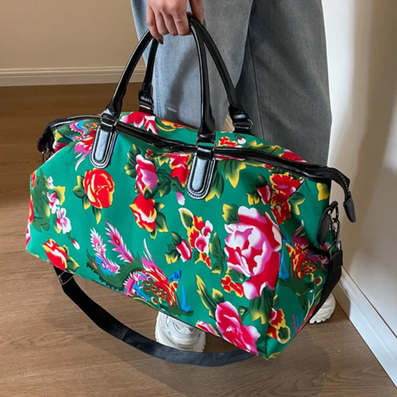 Handheld Luggage Bag Trendy New Ethnic Style Big Flower Cloth Fashionable Handheld Large Capacity Peony Flowers for Menand Women