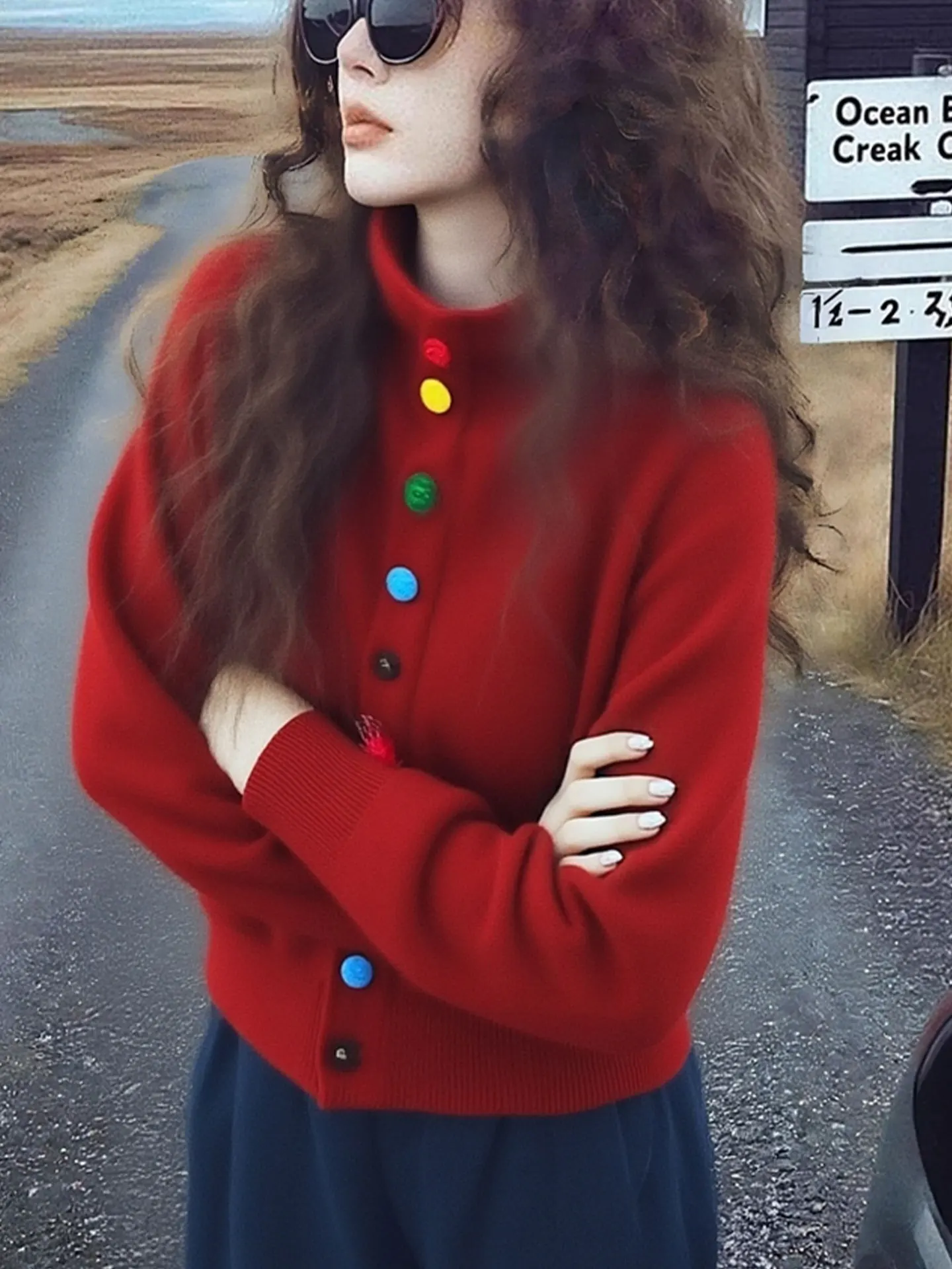 Cardigan long en tricot ouvert à col montant et à bouton unique Cisas Red Korean Sle, couleur rouge cerise, pour l'hiver