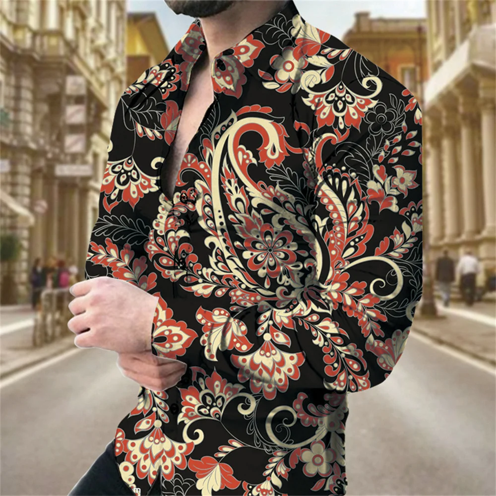 New Luxury Pelis Floral Shirts For Men 3d Printed Lapel Long Sleeved Shirts Y2k Vintage Casual Slim Clothes Tops With Button