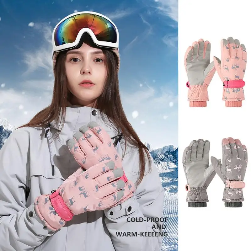 Snowboard Gloves Waterproof Winter Gloves Elk Pattern Snowmobile Mittens Touchscreen Thermal Ski Gloves Thickened Snow Gloves