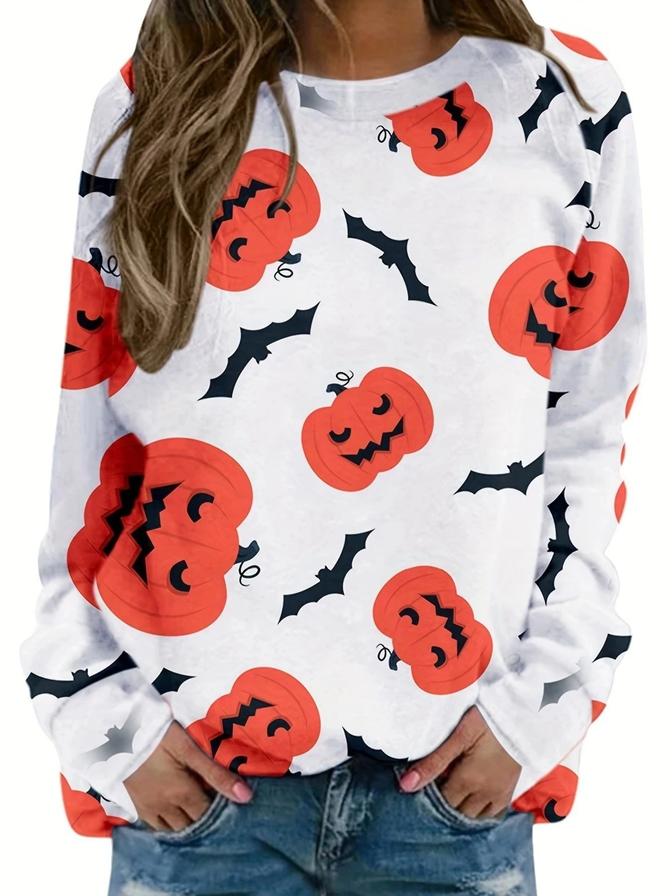 

loween Pumpkin Print Long Sve Sweatirt Casual Loose Women's Autumn Winter Faion T-irt Polyester round Ne Pullover
