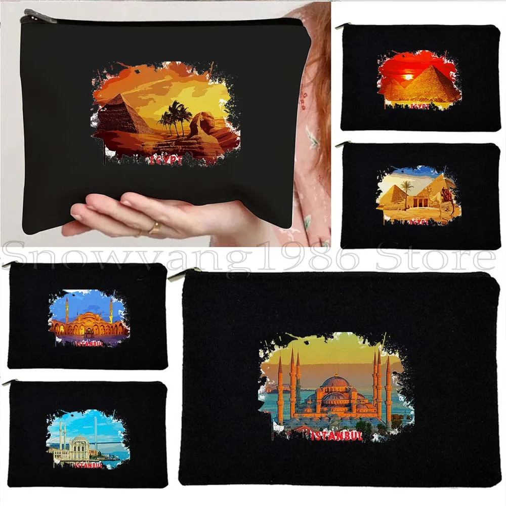 Istanbul Turkey Turkish Pyramid Egypt Watercolor Painting Sunset Canvas Cosmetic Bag Makeup Bag Storage Card Pencil Case Pouch