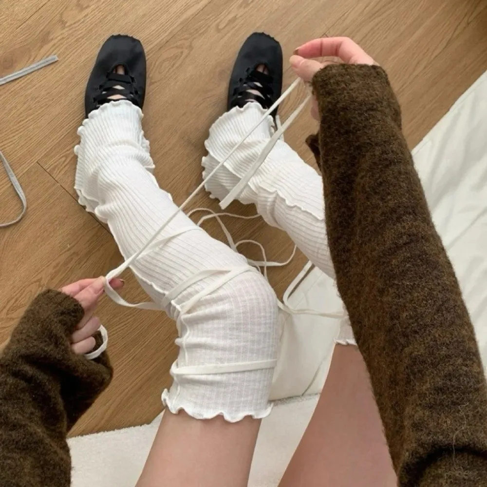 

Strappy Balletcore Leg Warmers Knee High Stringy Selvedge Loose Socks Foot Cover Vertical Stripe Solid Color Boots Cover