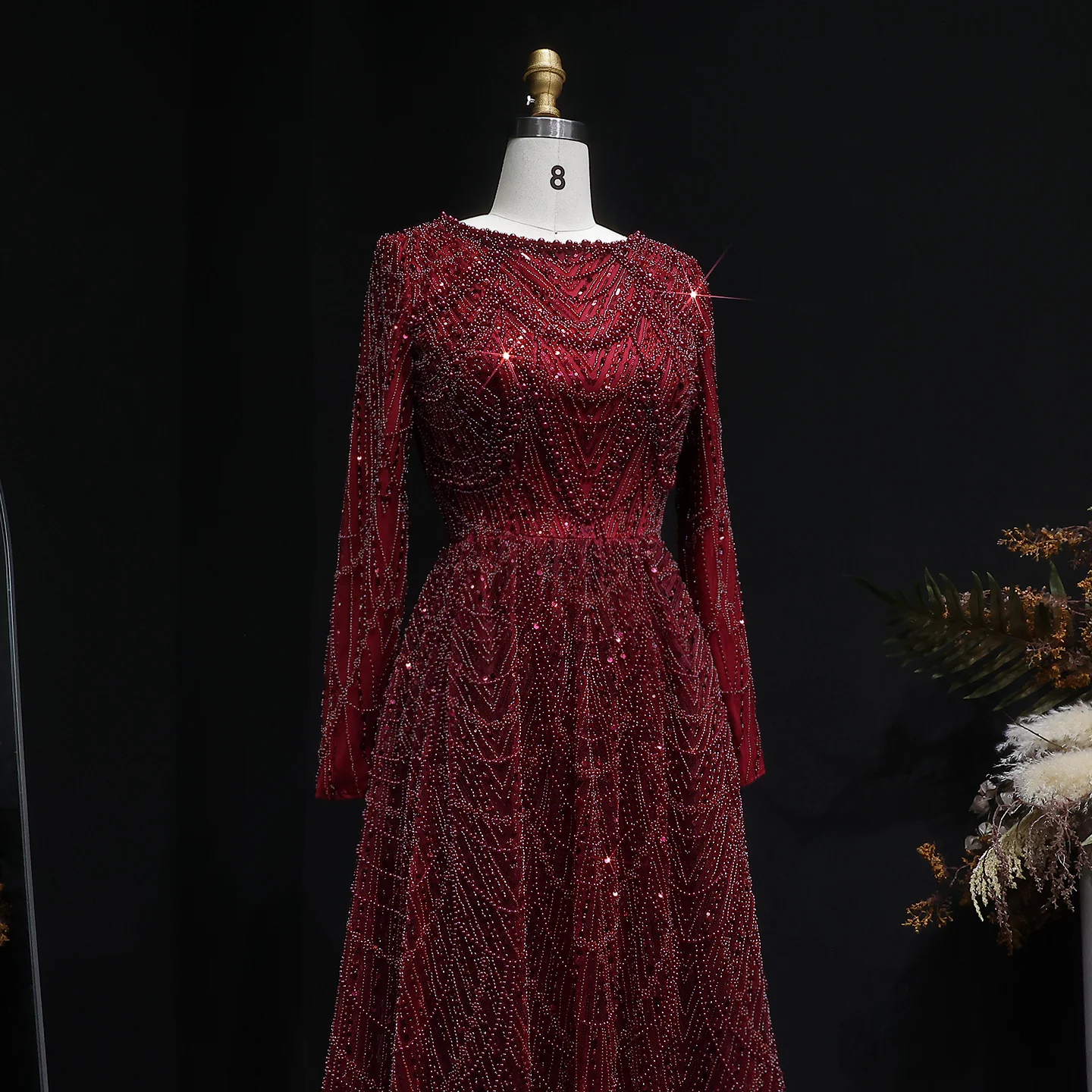 Sharon Said Luxuriöses Dubai-Abendkleid mit grünen Perlen und langen Ärmeln, Saudi-Arabisches Damen-Hochzeitskleid, formelle Partykleider SS625, maßgeschneidert – Detail 17